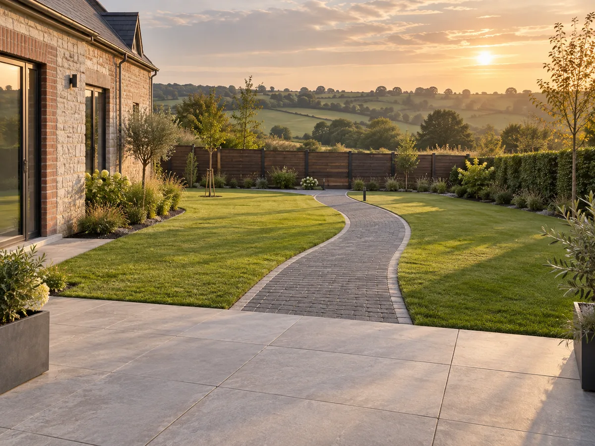 Aménagement extérieur : terrasse, allée et pelouse
